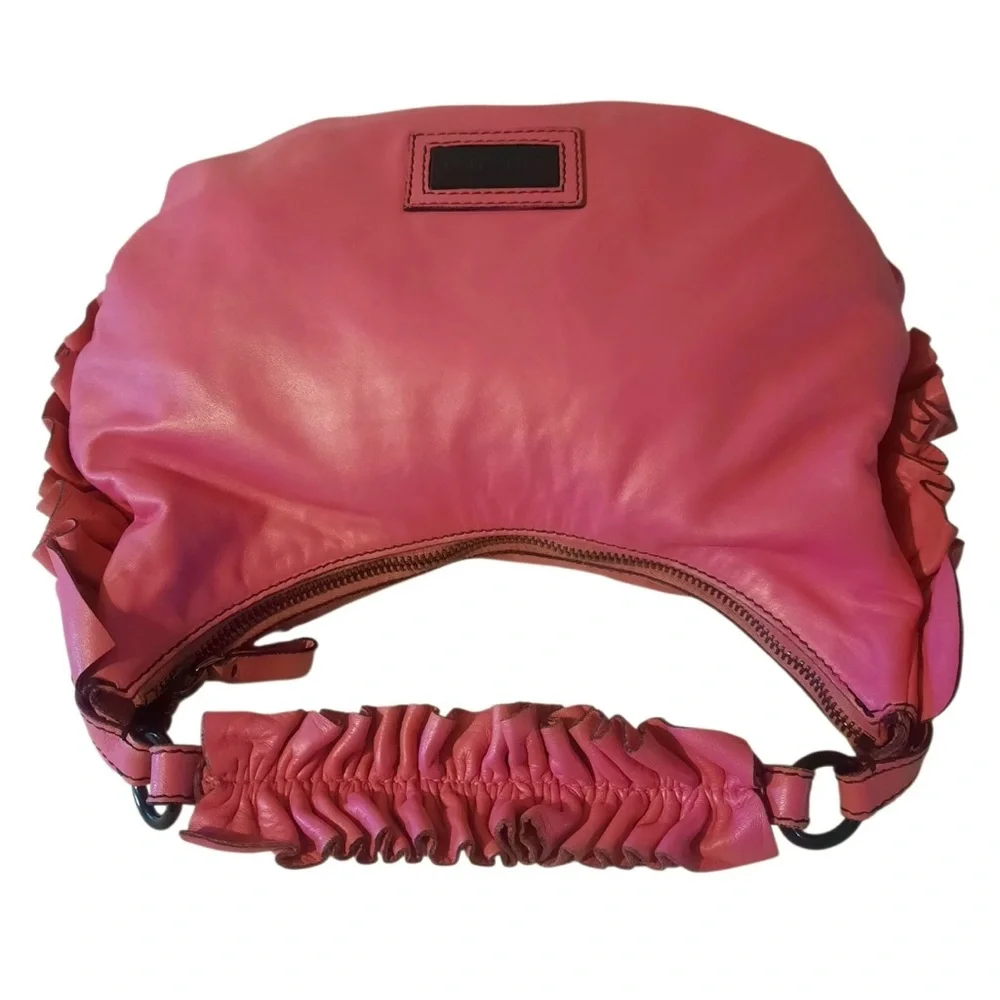 🎀 VALENTINO GARAVANI Ruffle Trimmed Nappa Leather Hobo Shoulder Bag- Hot Pink